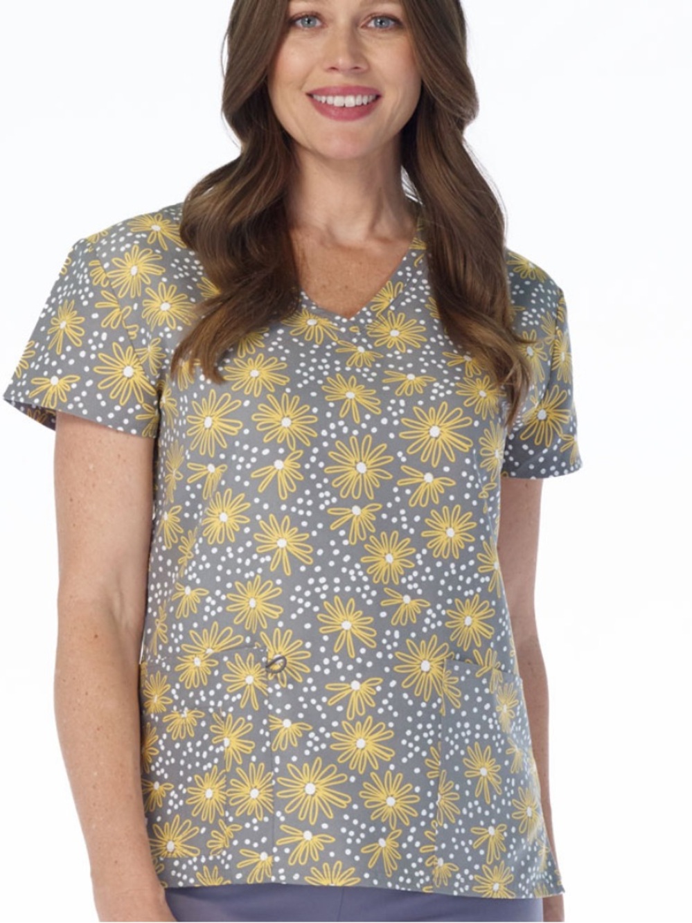 NWT Women’s Large Glowing Daisies Print Scrubfinity Basix Scrub Top